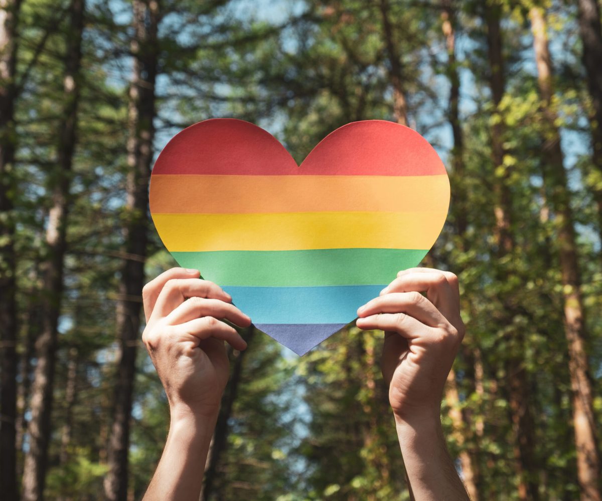 Man hands hold heart in colors of rainbow in the forest against the sky. LGBT rights, Pride month, love and unity with nature concept. Close up